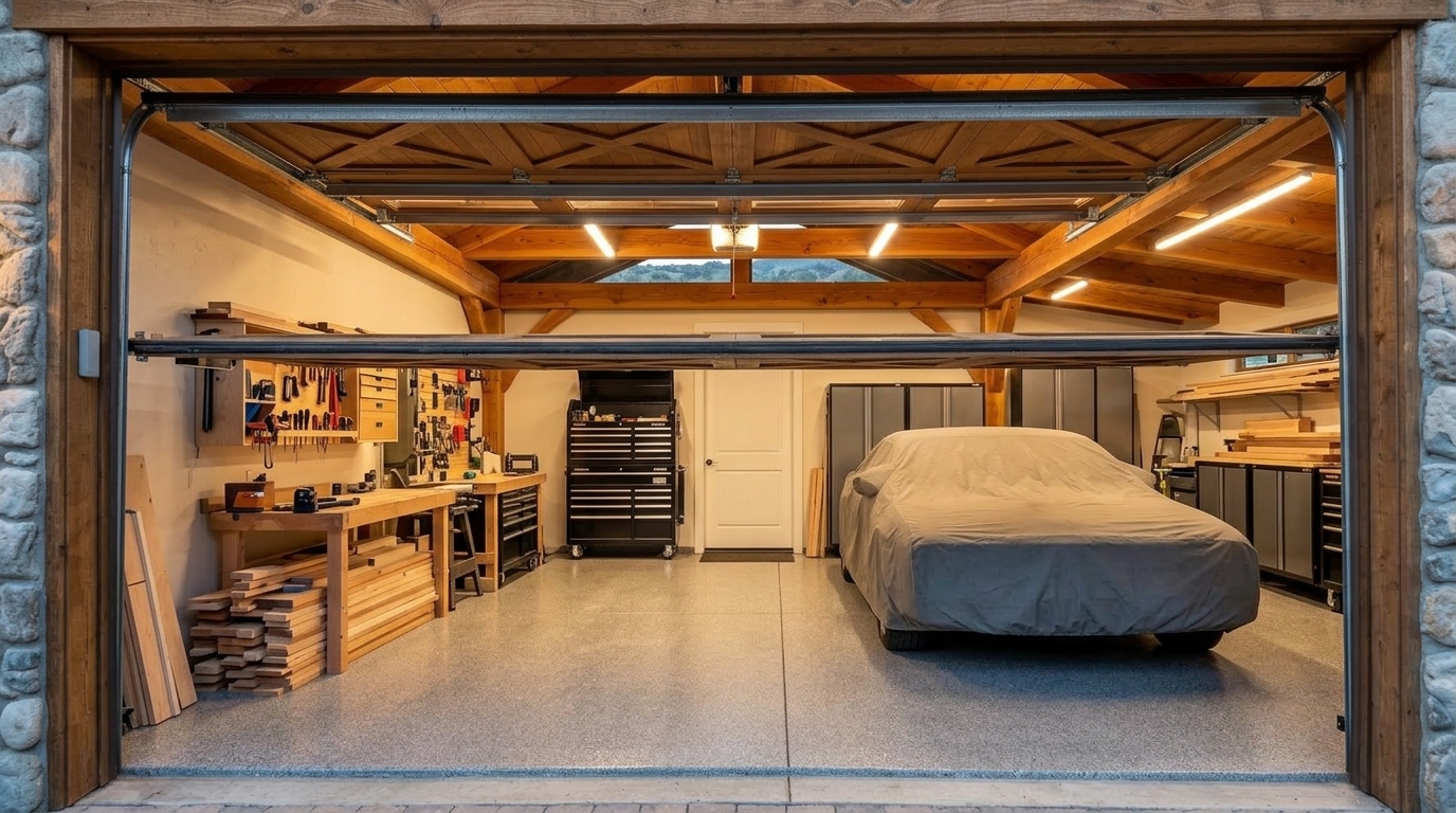 Rio Linda Garage Door Service Interior View of Custom Garage Door Overhead and Workshop
